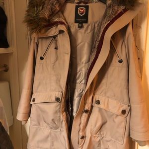 Tan winter coat with removable fur hood.
